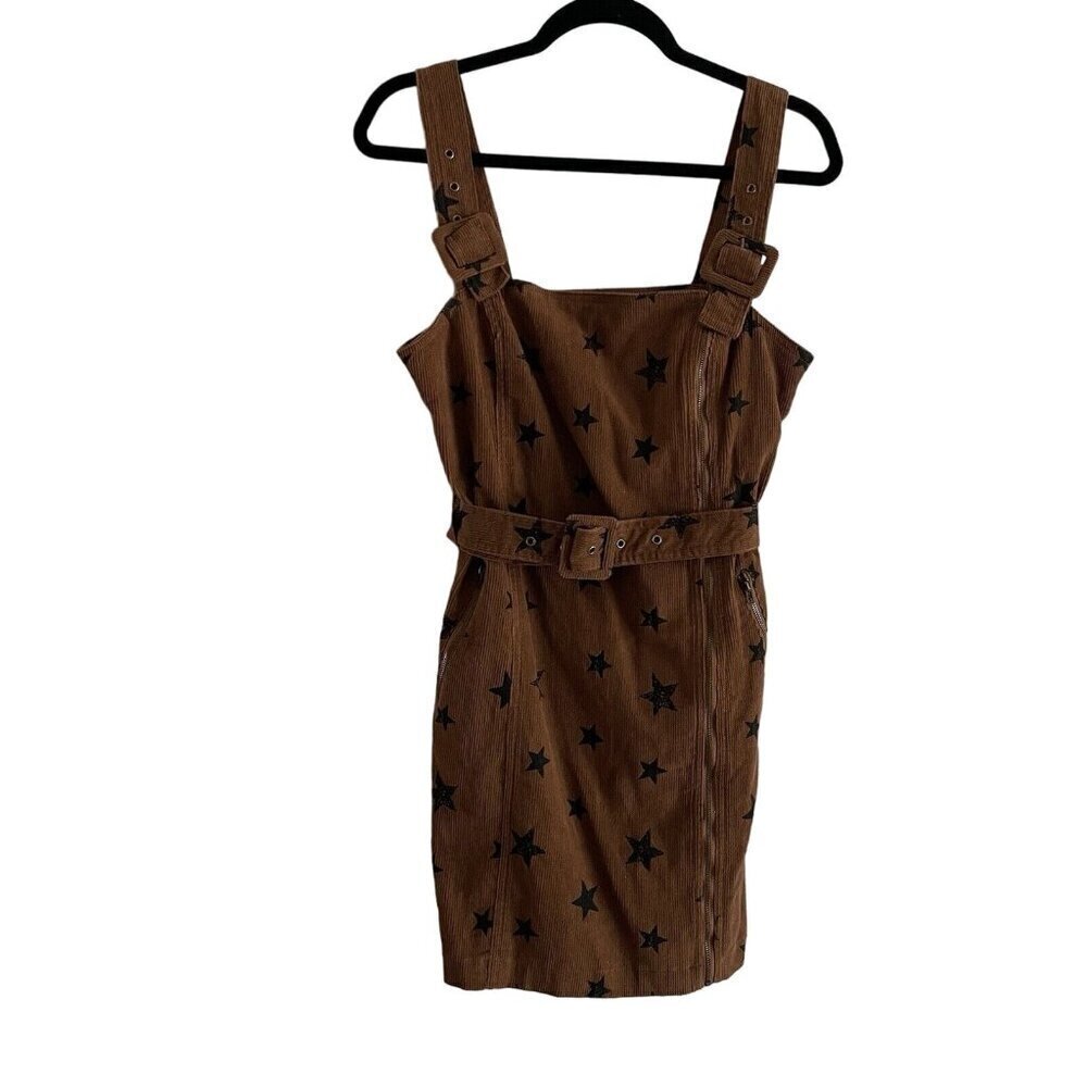 Le Lis Women M Brown Corduroy Star Print Zipper Detail Square Neck Mini Dress